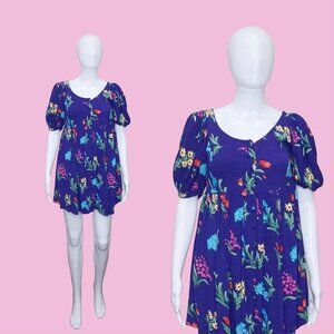 1980s Rare BETSEY JOHNSON PUNK Face Label. Purple Babydoll Empire Waist. Floral